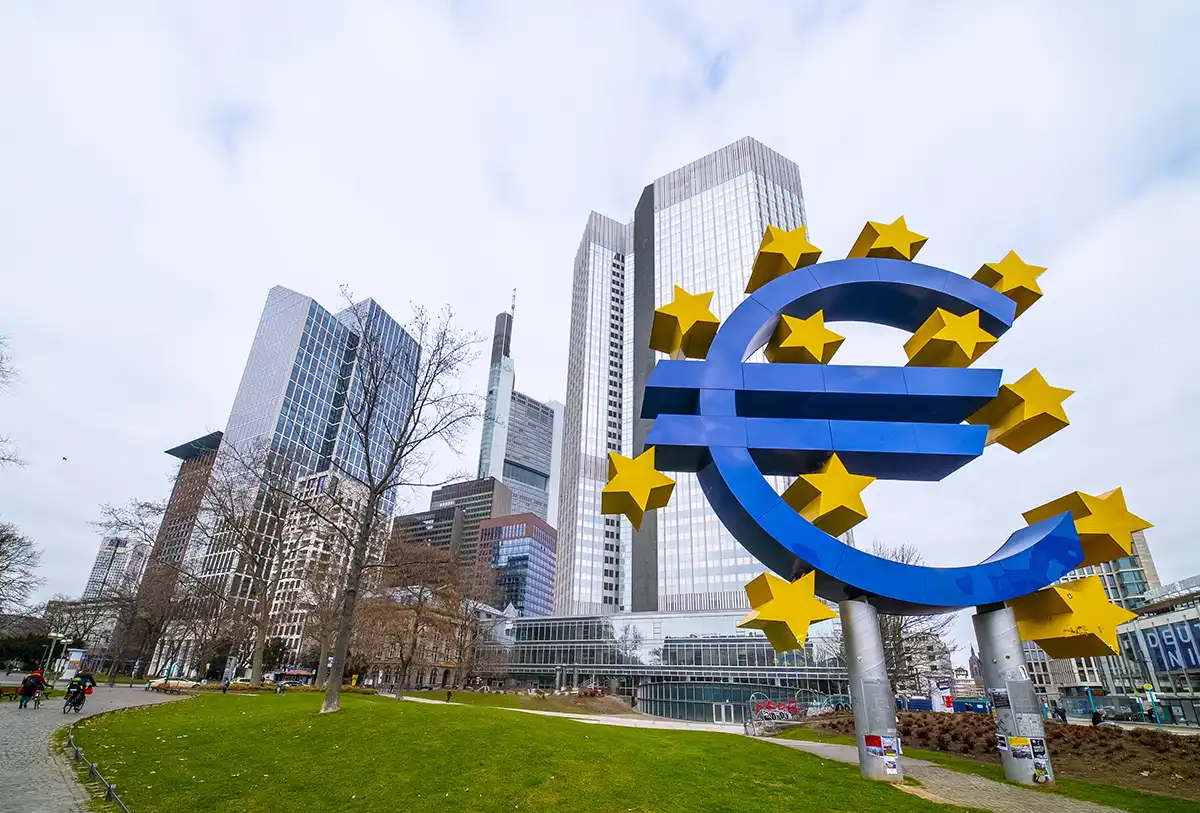 Willy Brandt Square in the financial district of Frankfurt Germany